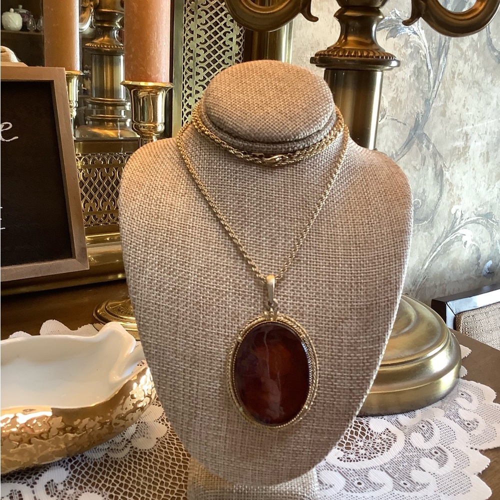 Vintage amber, celluloid, reverse carved cameo, pendant , Necklace